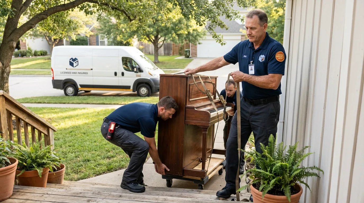 Licensed piano movers securing grand piano in Osceola, IN