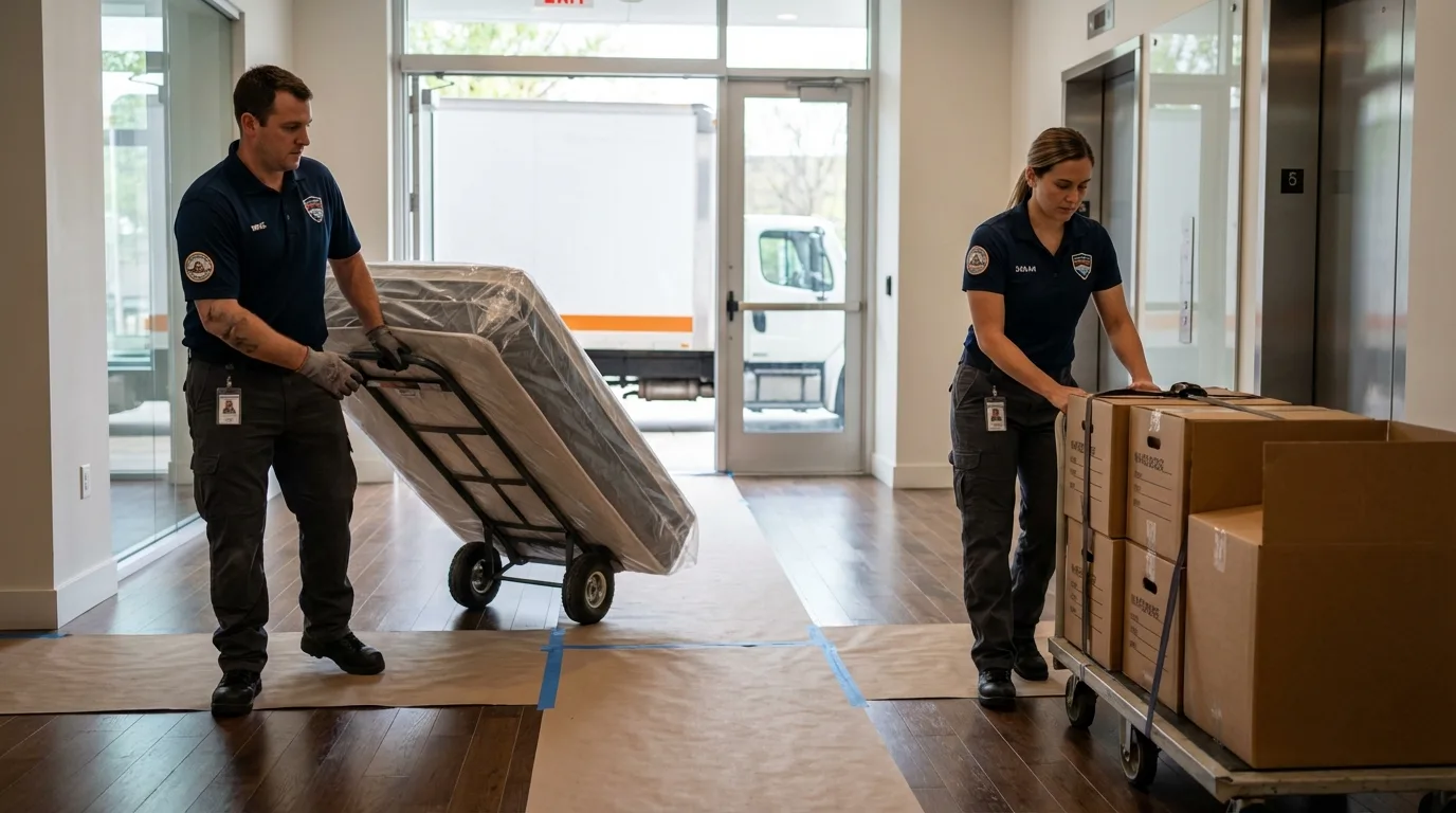 Professional apartment movers loading elevator in Osceola, IN